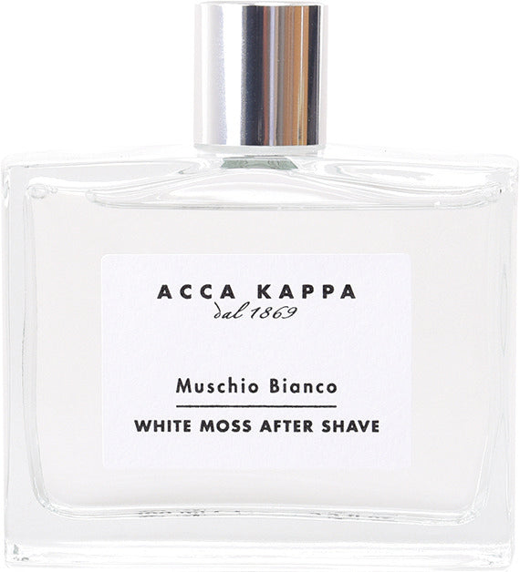 A clear glass bottle of Acca Kappa Muschio Bianco White Moss After Shave with a white label and a reflective silver cap, set against a plain white background.